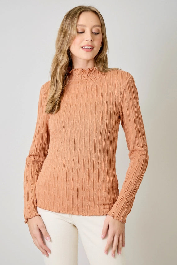 Criss Cross Lettuce Edge Textured Knit Top-Grapefruit