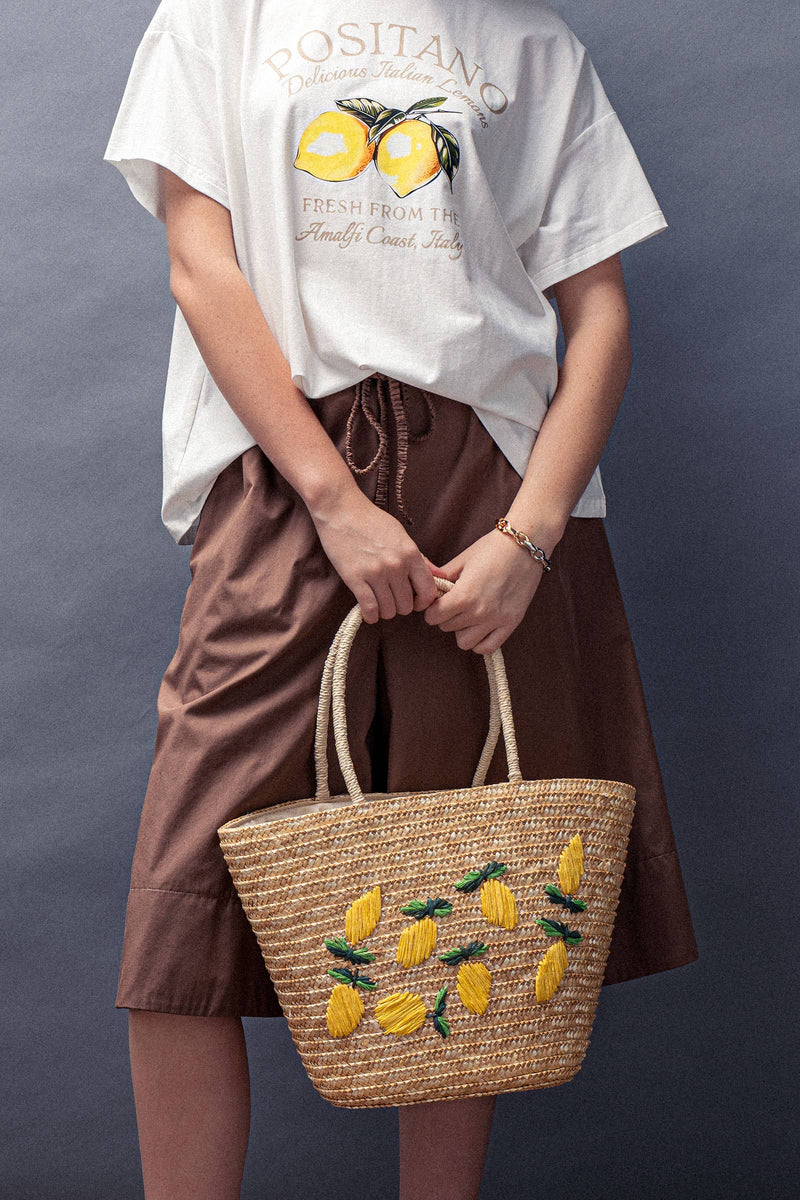 Lemon Embroidered Straw Tote