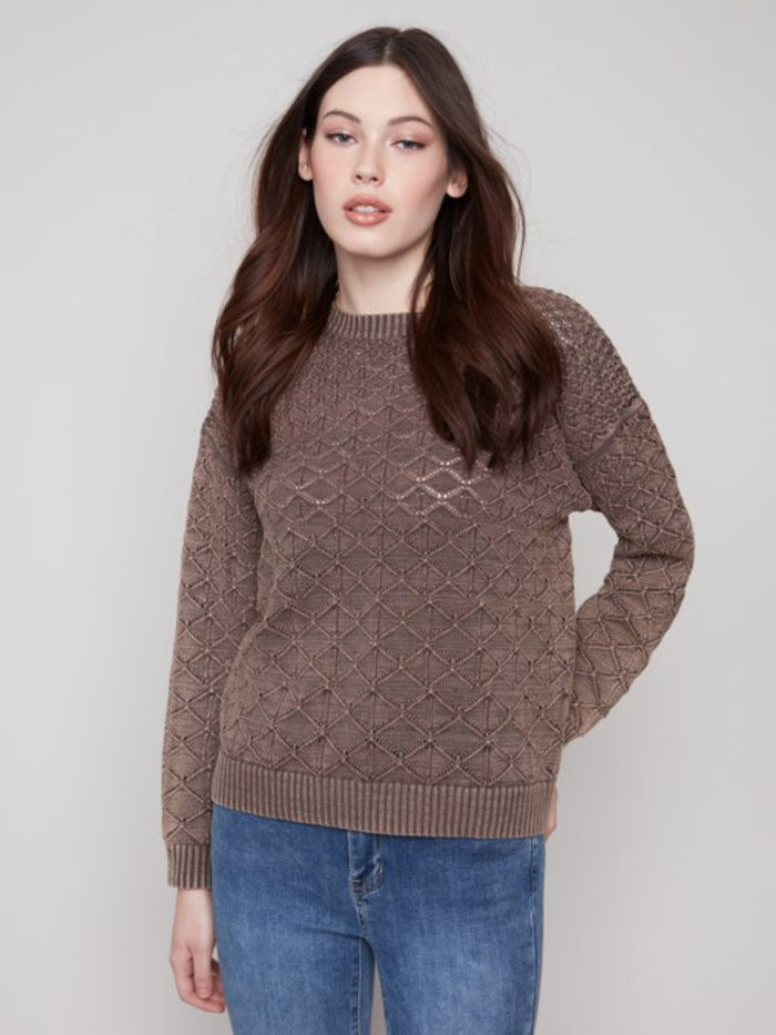 Charlie B Pointelle Crew Neck Sweater-Mocha