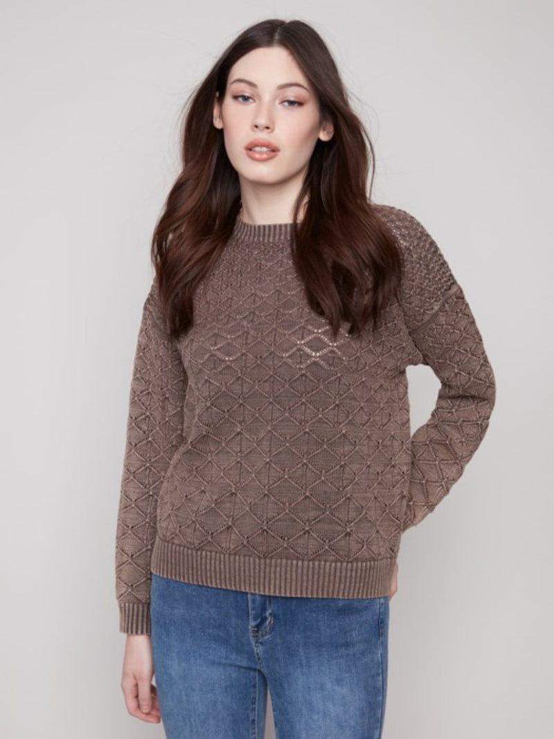 Charlie B Pointelle Crew Neck Sweater-Mocha