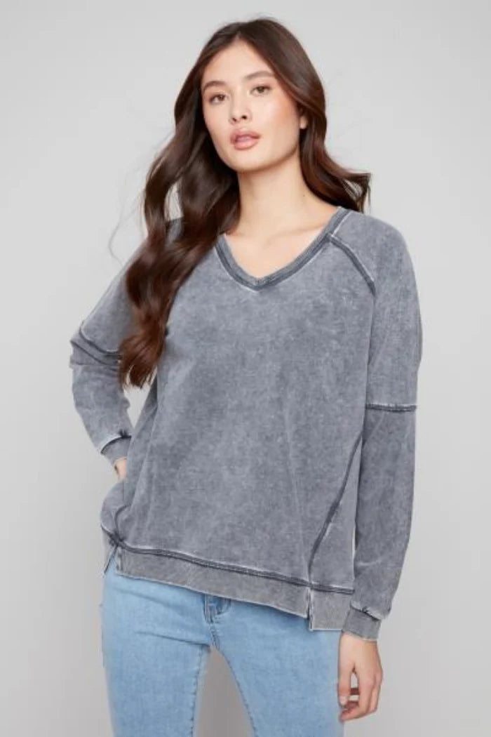 Cold Dye French Terry V Neck Top - Charcoal