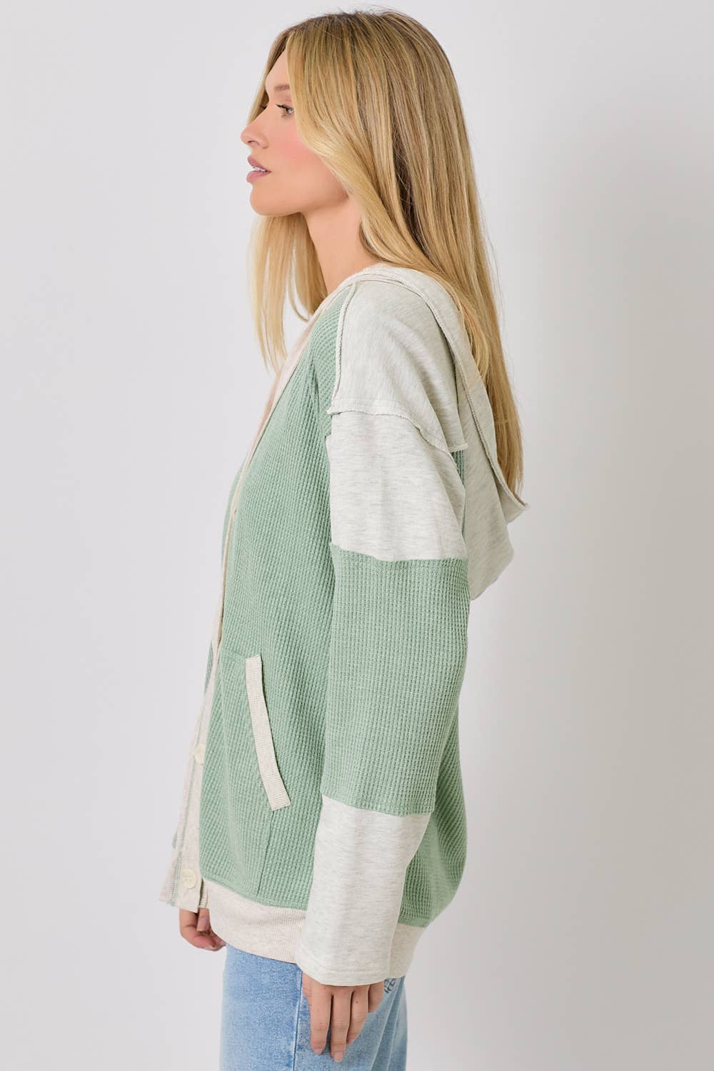 Color Block Hoodie Cardigan - Green