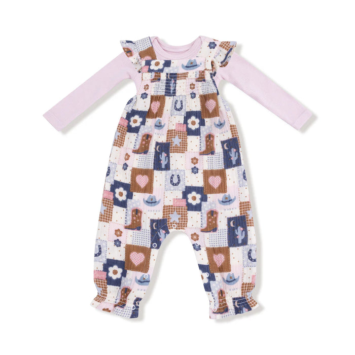 Angel Dear Smocked Overall + Ribbed Bodysuit Set - Patchwork Cowgirl Pink