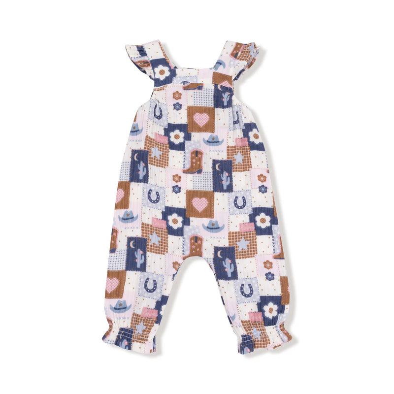 Angel Dear Smocked Overall + Ribbed Bodysuit Set - Patchwork Cowgirl Pink