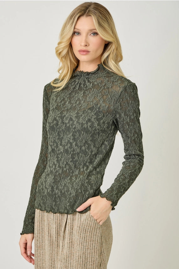 Floral Lettuce Edge Textured Knit Top - Deep Green