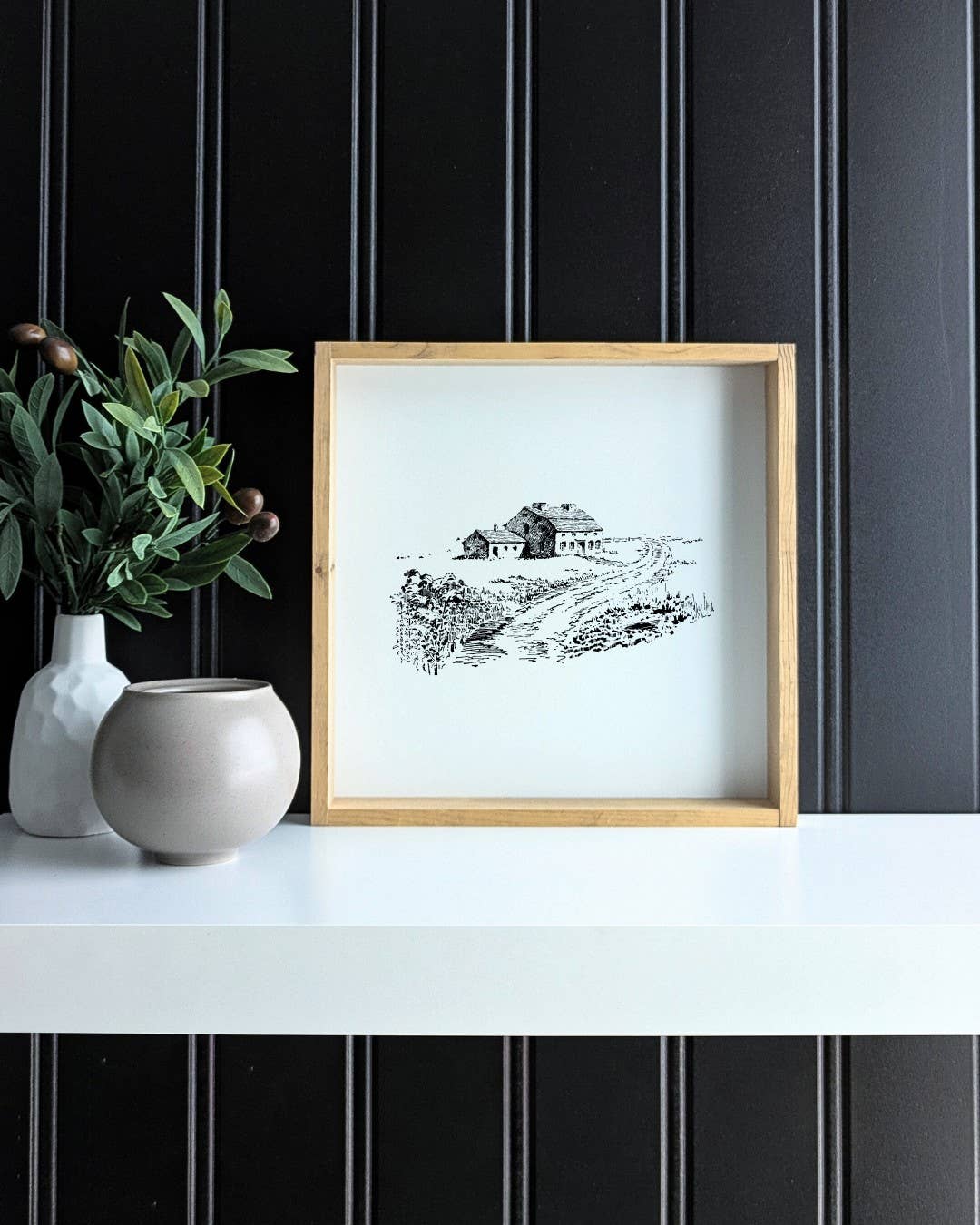 Country Side Landscape Sketch Framed Wall Art - White