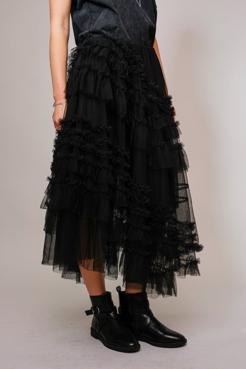 Tulle Ruffle Maxi Skirt - Black