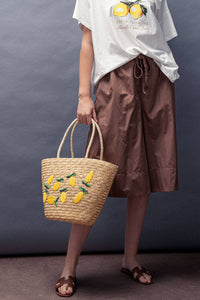 Lemon Embroidered Straw Tote