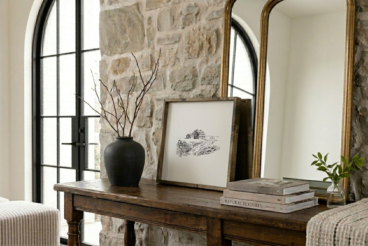 Country Side Landscape Sketch Framed Wall Art - White