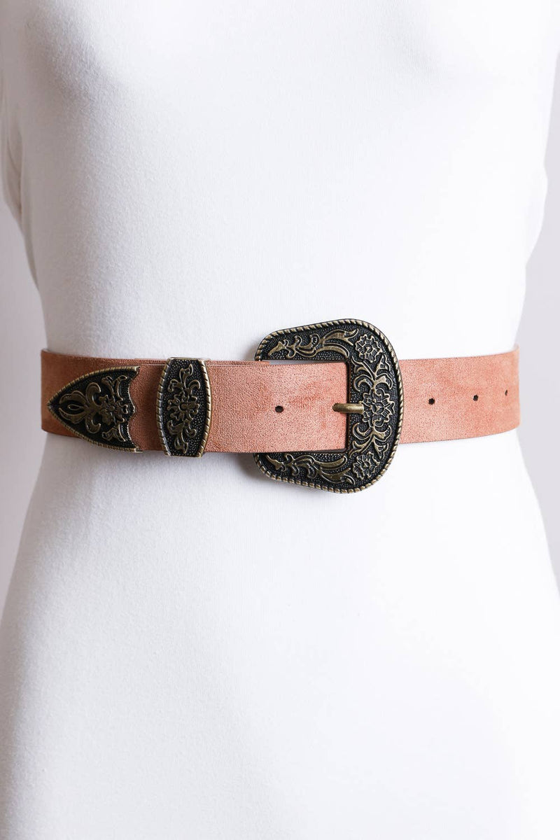 Suede Antique Gold Western Buckle Belt: Brown