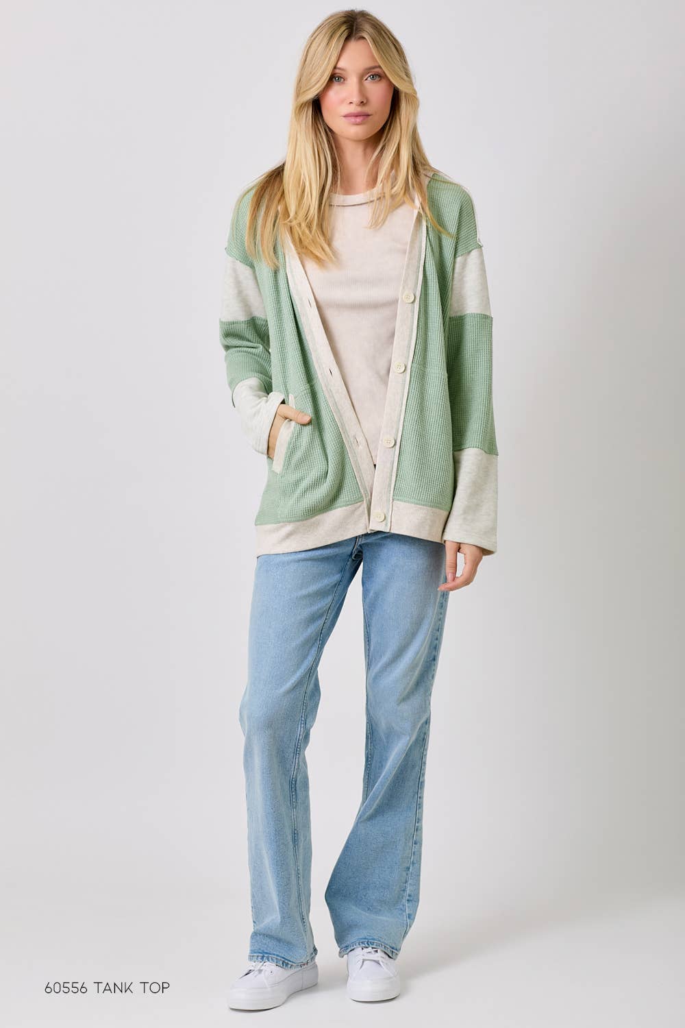 Color Block Hoodie Cardigan - Green