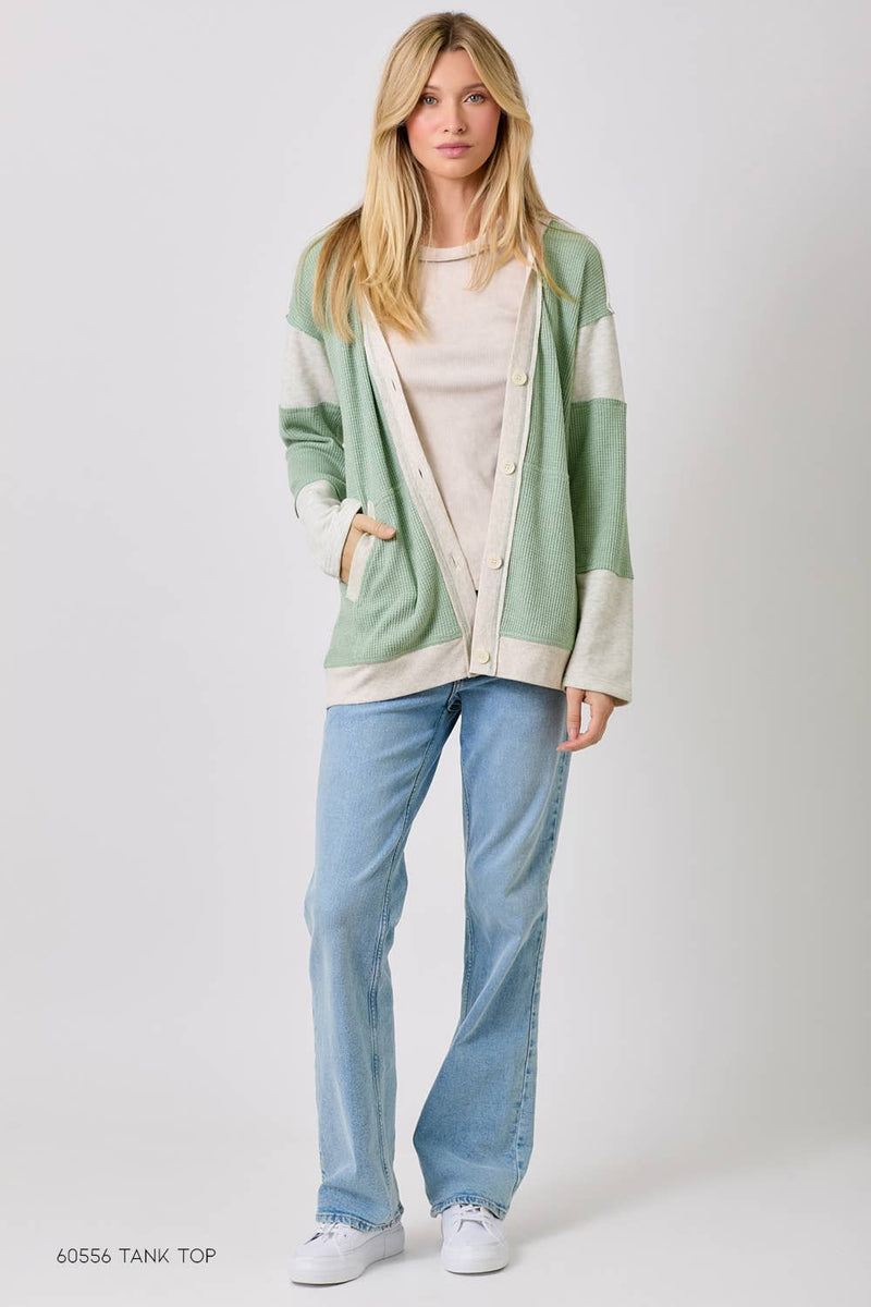 Color Block Hoodie Cardigan - Green
