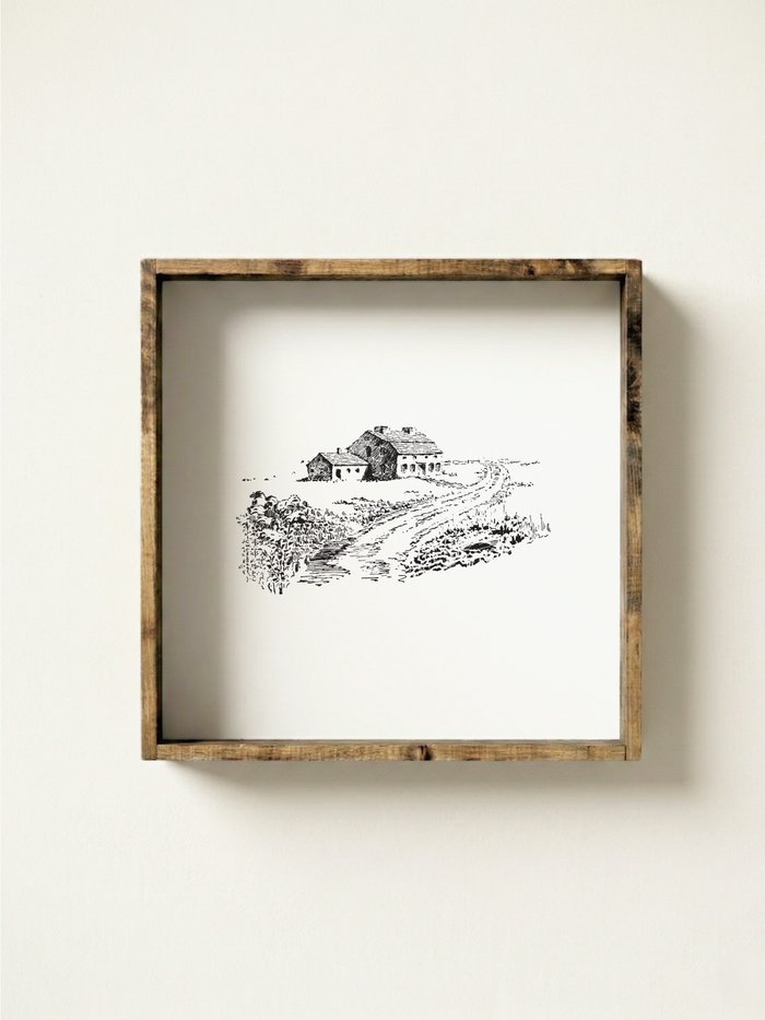 Country Side Landscape Sketch Framed Wall Art - White