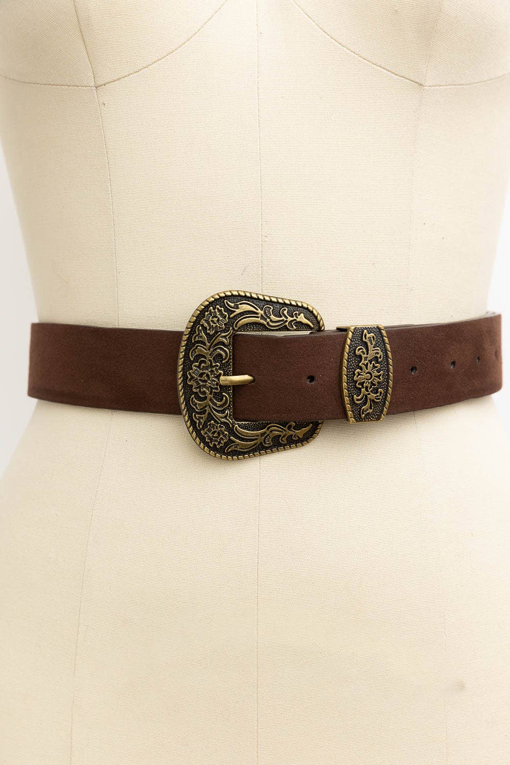 Suede Antique Gold Western Buckle Belt: Brown