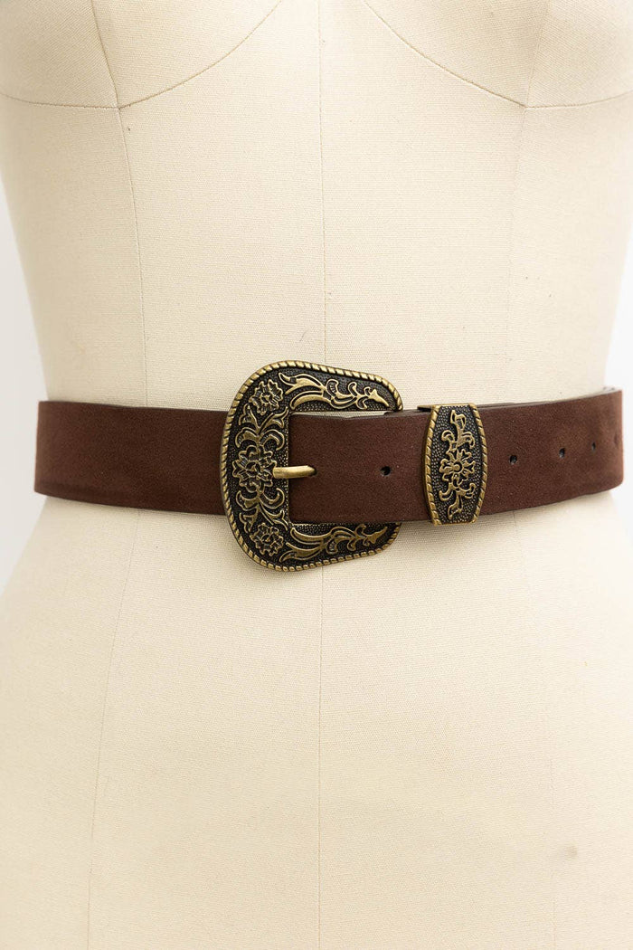 Suede Antique Gold Western Buckle Belt: Brown