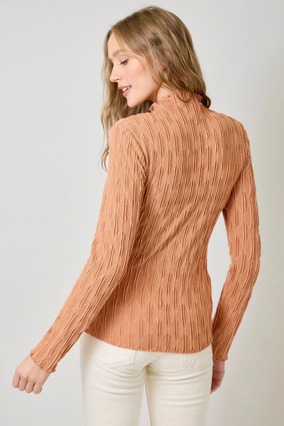 Criss Cross Lettuce Edge Textured Knit Top-Grapefruit