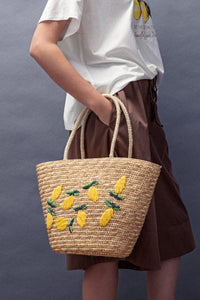 Lemon Embroidered Straw Tote