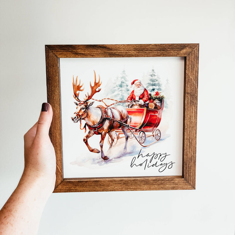 Knotty Design Co. - Happy Holidays Santa And Reindeer Framed Christmas Sign