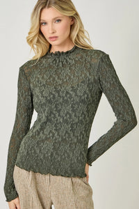 Floral Lettuce Edge Textured Knit Top - Deep Green
