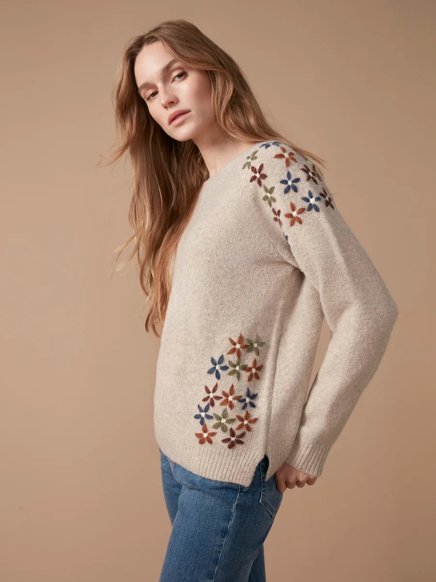 Floral Embroidered Raglan Crew Sweater
