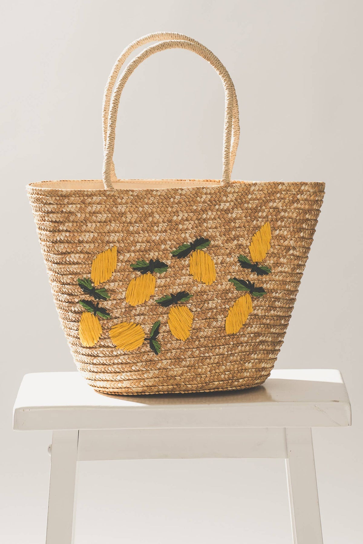 Lemon Embroidered Straw Tote