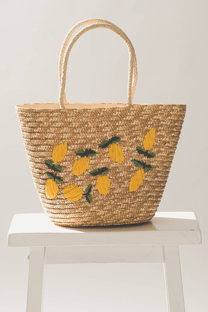 Lemon Embroidered Straw Tote