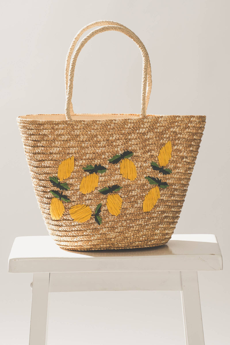 Lemon Embroidered Straw Tote