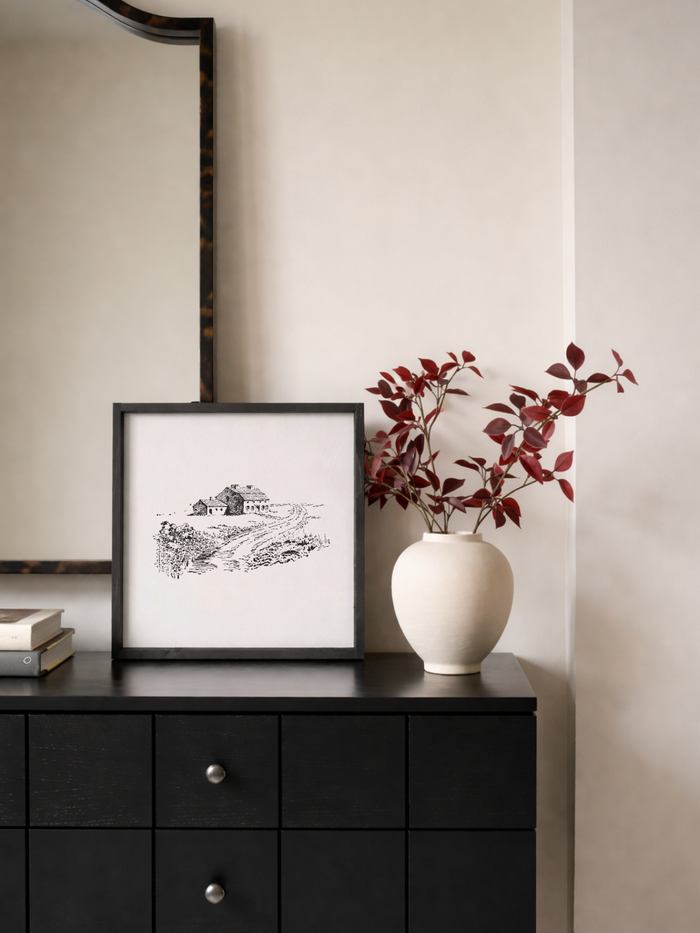 Country Side Landscape Sketch Framed Wall Art - White