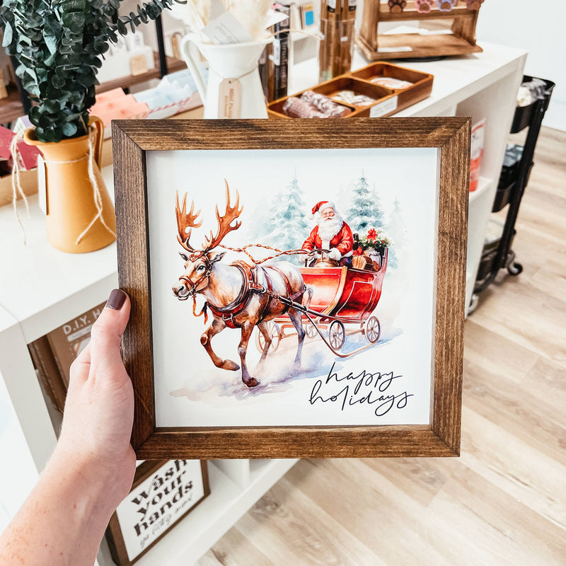Knotty Design Co. - Happy Holidays Santa And Reindeer Framed Christmas Sign