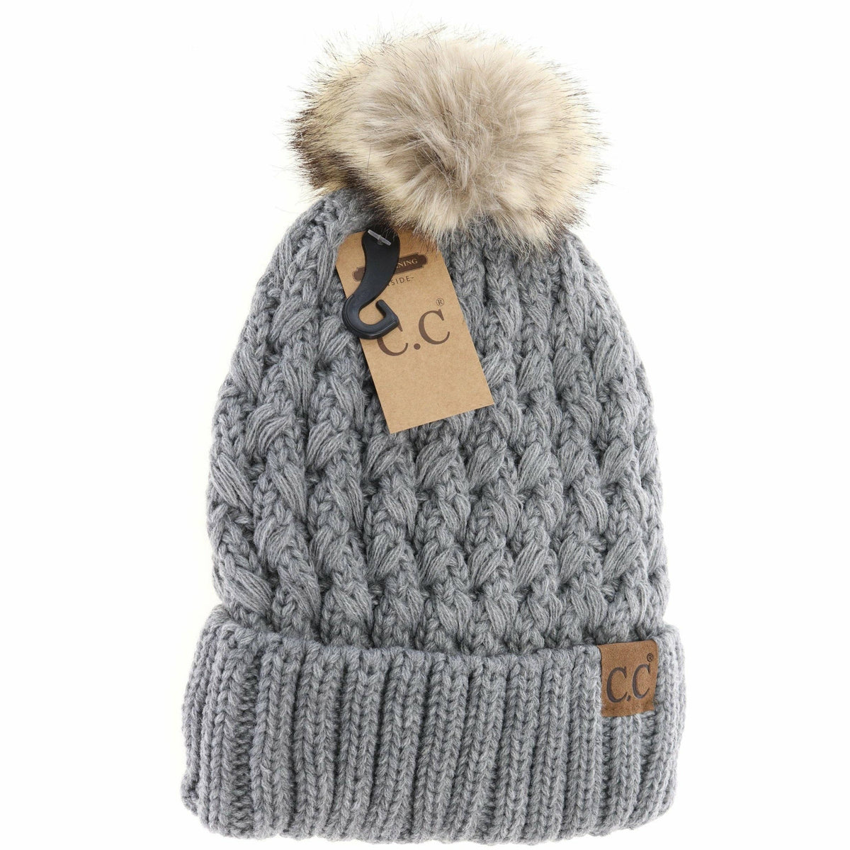 Solid Lattice Stitch Fur Pom Grey