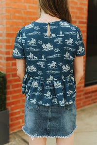 Cowboy Print Tie Front Top