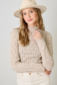 Criss Cross Floral Lettuce Edge Textured Knit Top-Almond