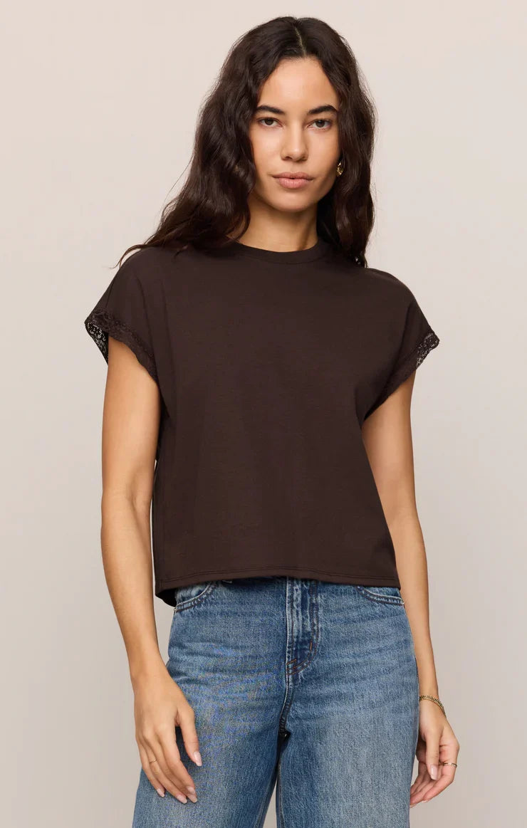 ZSUPPLY Marika Lace Trim Muscle Tee- Dark Chocolate