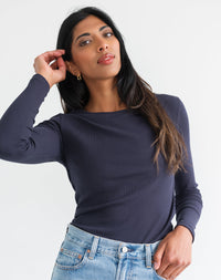 Brunette the Label Ribbed Fitted Long Sleeve-Navy