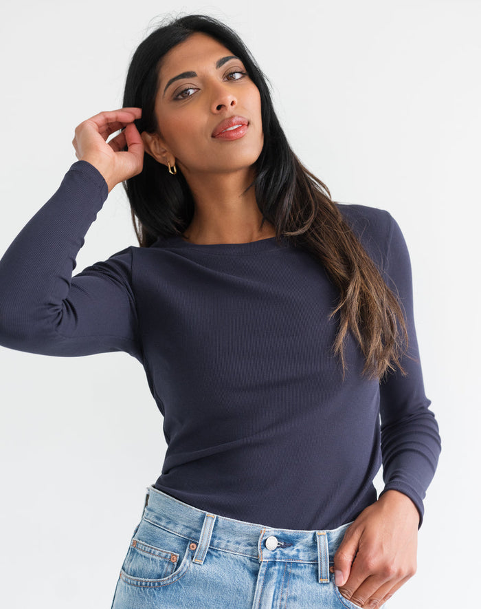 Brunette the Label Ribbed Fitted Long Sleeve-Navy