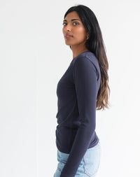 Brunette the Label Ribbed Fitted Long Sleeve-Navy