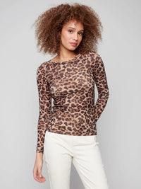 Printed Ruched Mesh Top - Leopard