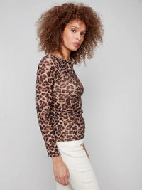 Printed Ruched Mesh Top - Leopard