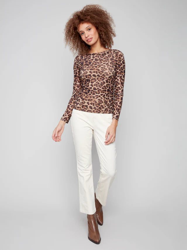 Printed Ruched Mesh Top - Leopard