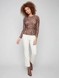 Printed Ruched Mesh Top - Leopard