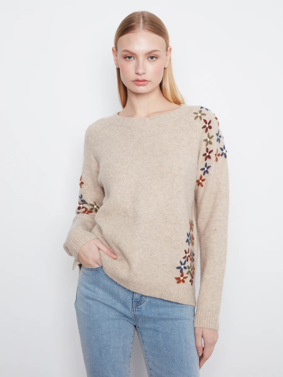 Floral Embroidered Raglan Crew Sweater