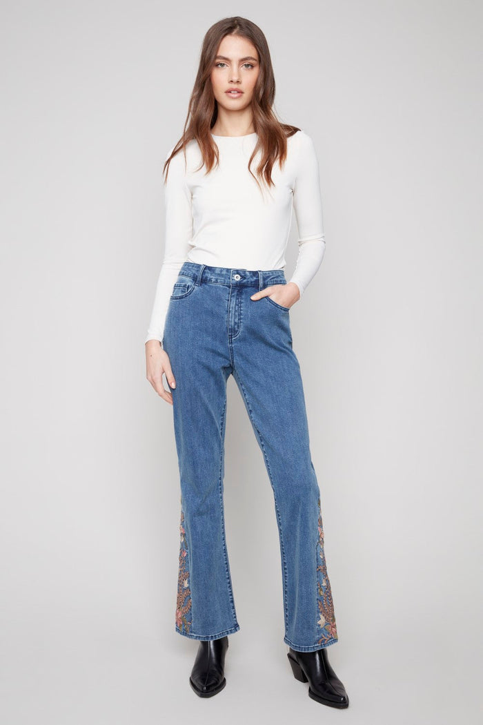 Charlie B Bootcut Jeans with Floral Embroidery - Medium Blue