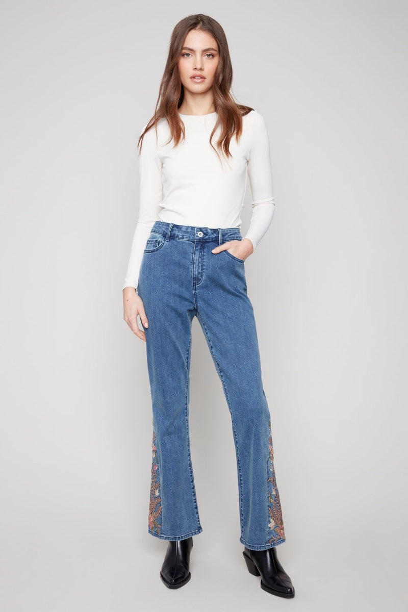 Charlie B Bootcut Jeans with Floral Embroidery - Medium Blue