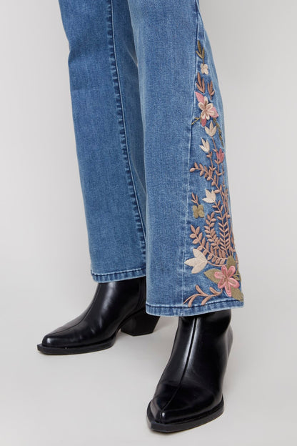 Charlie B Bootcut Jeans with Floral Embroidery - Medium Blue