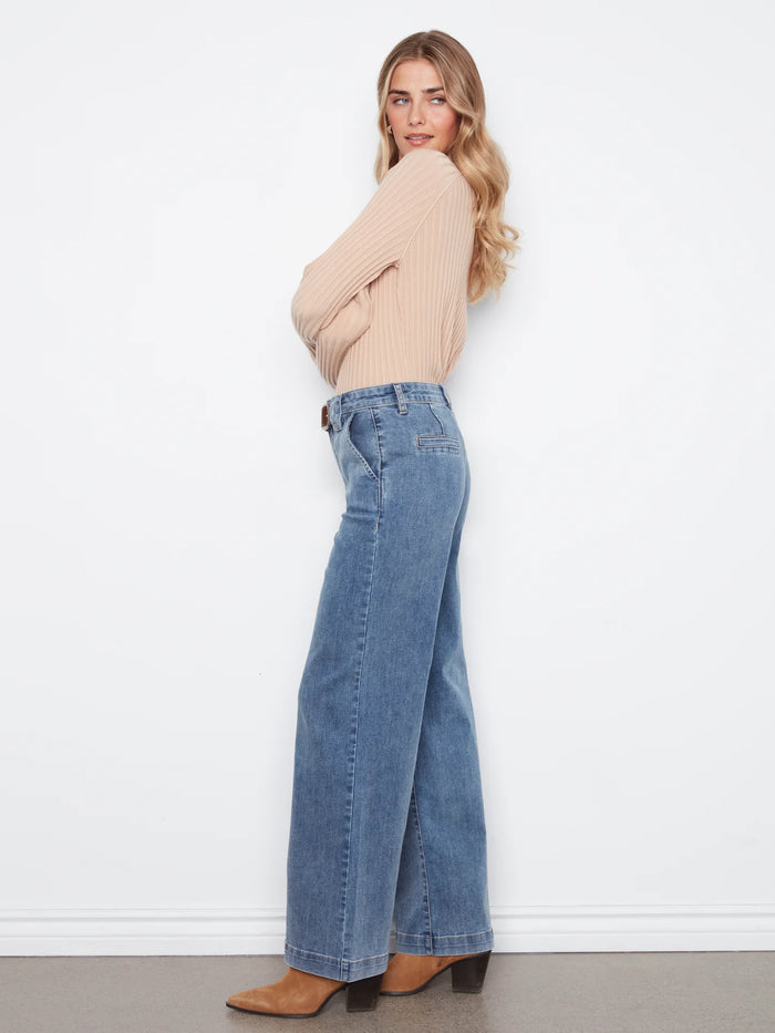 Charlie B-Wide Leg Pants Removable Belt-Medium Blue