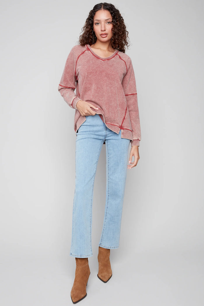 Cold Dye French Terry V Neck Top - Cabernet