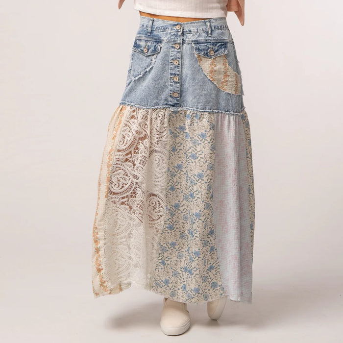 Denim & Lace Woven Skirt