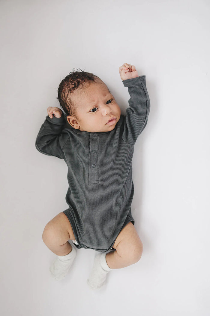 Mebie Baby Organic cotton snap Long Sleeve Ribbed Bodysuit - Charcoal
