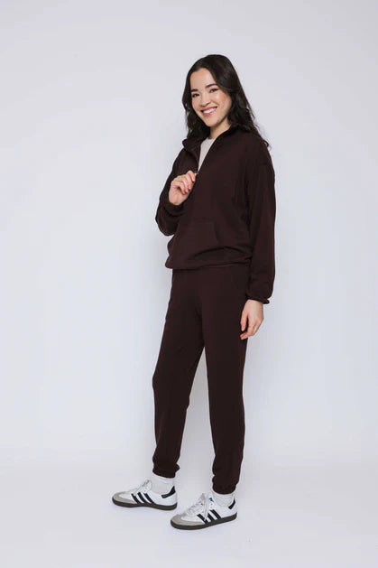 ORB Everly-Luxe Fleece 1/2 Zip Mock Neck - Brown
