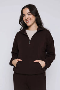 ORB Everly-Luxe Fleece 1/2 Zip Mock Neck - Brown